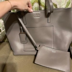 $2200 Prada Soft Calfskin Gray Leather Tote Bag